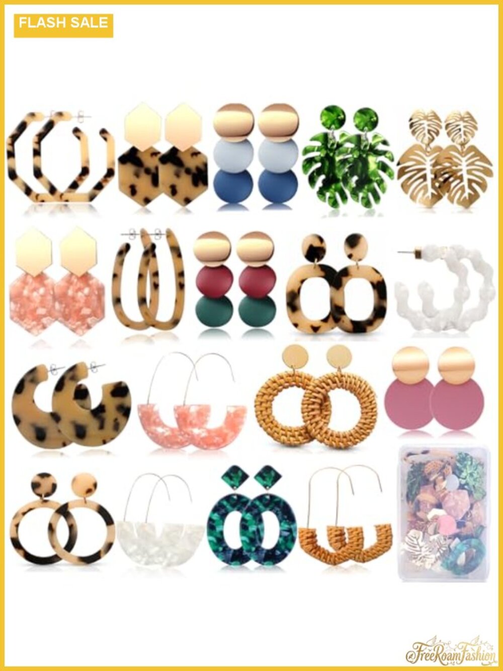 18 Pairs Straw Rattan Acrylic Resin Earrings Set Hypoallergenic Sensitive Ears